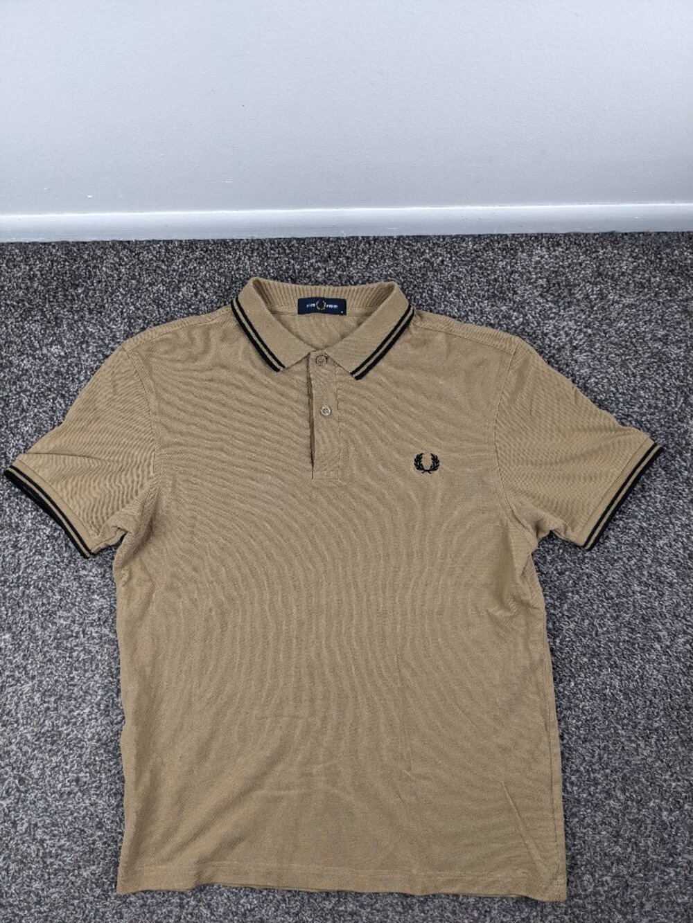Fred Perry Polo Shirt Pique Cotton Twin Tipped Beige Tan Mens Medium